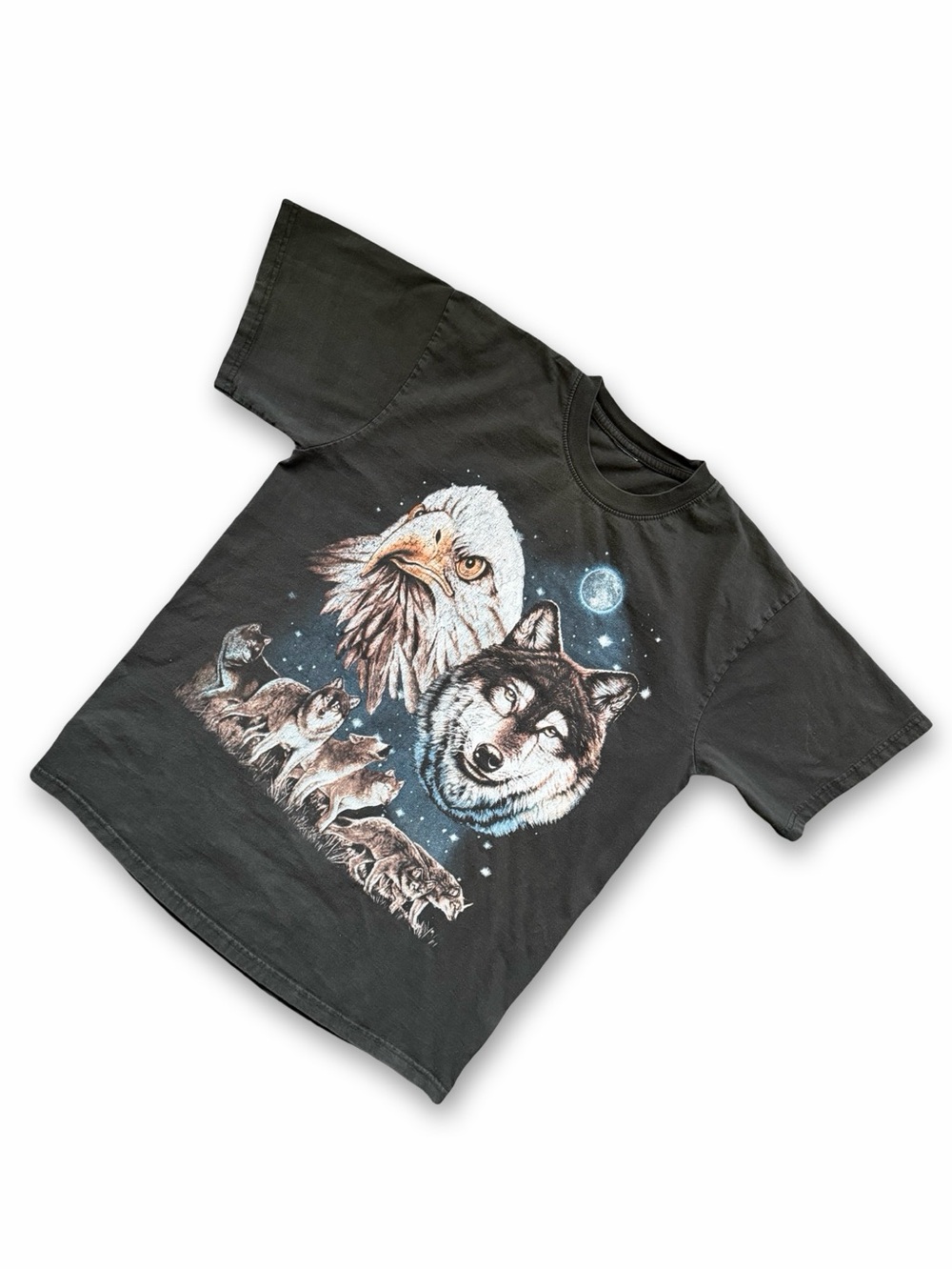 Vintage Black Graphic Tee with Eagle & Wolf